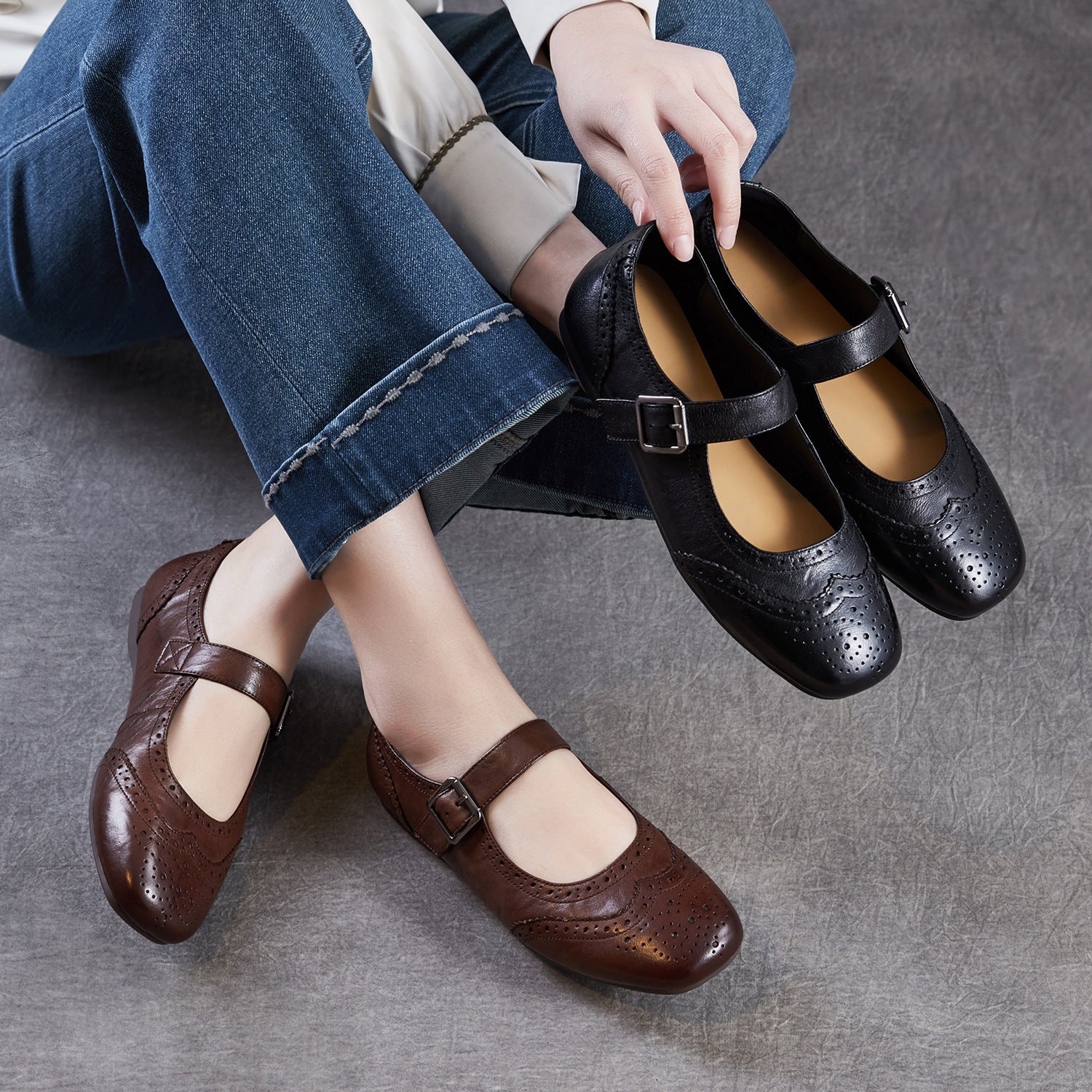 Women Leather Vintage Square Toe Mary Jane Flats