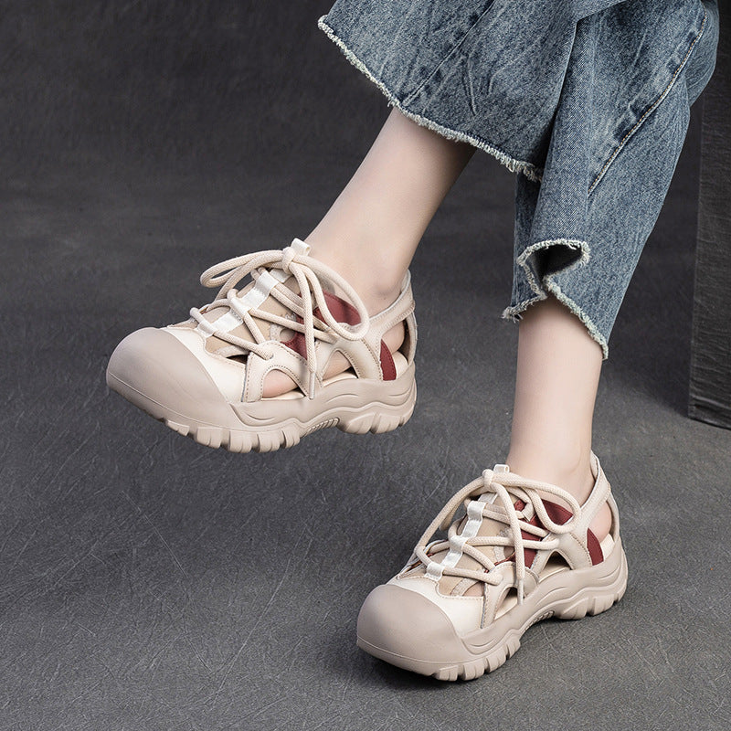 Women Summer Hollow Leather Soft Lace-up Sandals-RAIIFY