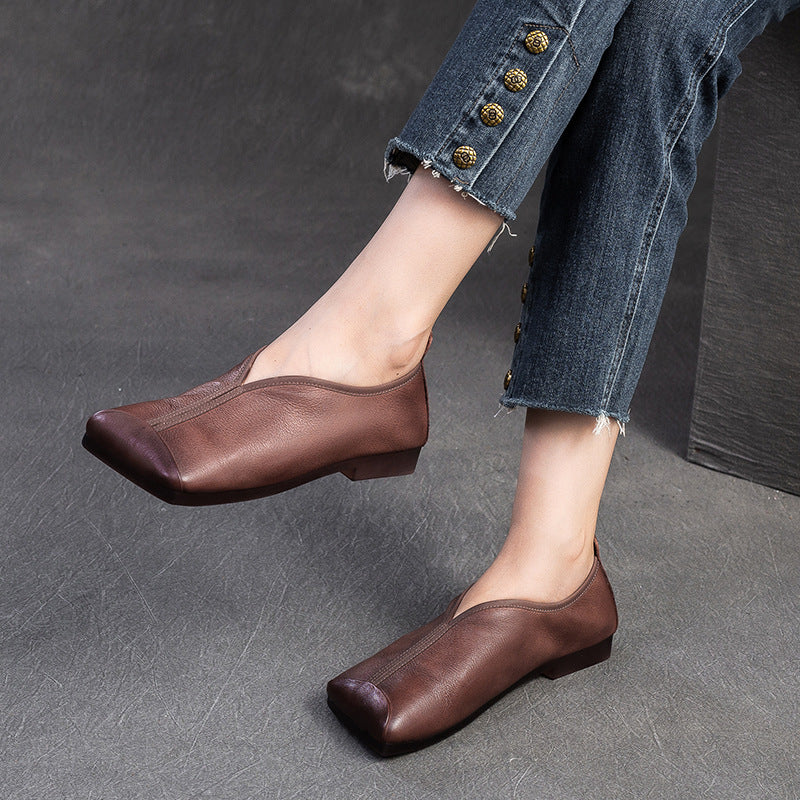 Women Retro Solid Leather Casual Soft Flats-RAIIFY