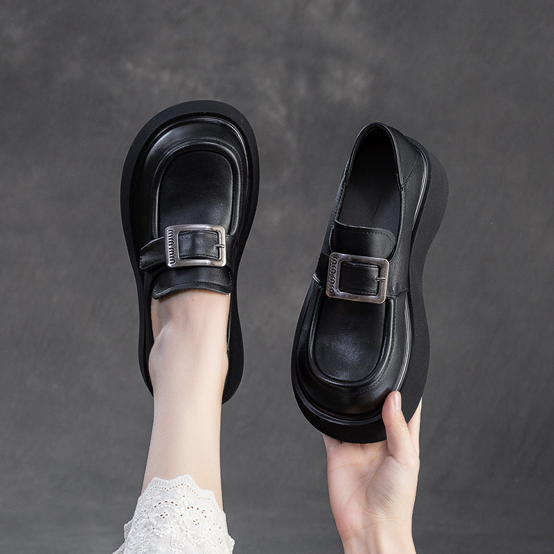 Women Minimalism Solid Leather Platform Casual Loafers-RAIIFY