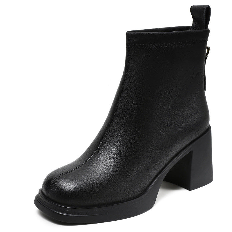 Women Fashion Solid Leather Elegant Chunky Heel Ankle Boots-RAIIFY