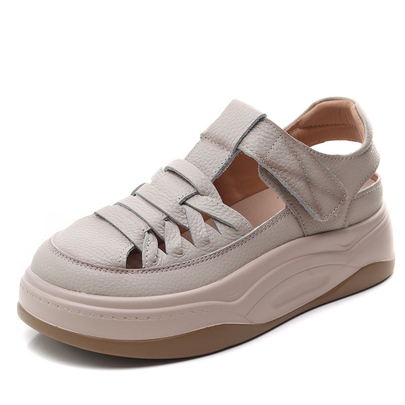 Women's Casual Plaited Leather Round Head Velcro Sandals-RAIIFY
