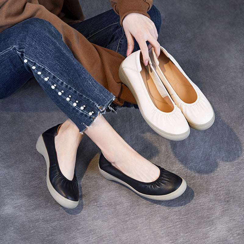 Women Solid Soft Leather Low Wedge Casual Shoes-RAIIFY