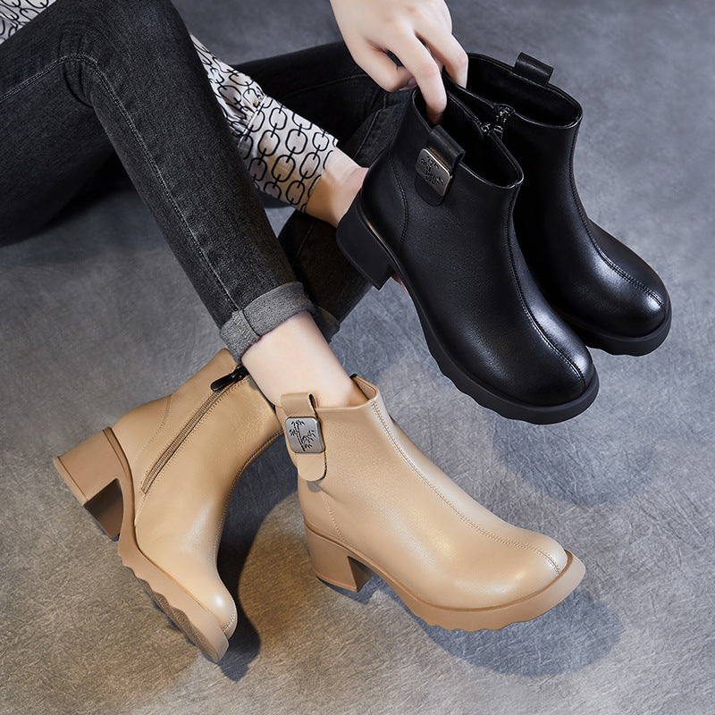 Women Fashion Solid Leather Chunky Heel Ankle Boots-RAIIFY