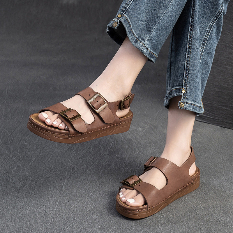 Women Retro Leather Flat Casual Buckle Sandals-RAIIFY