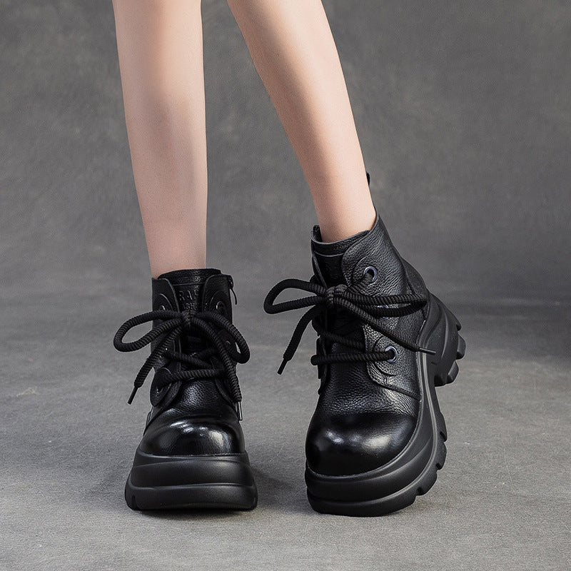Women's Retro Plain Leather Platform Motorcycle Boots-RAIIFY