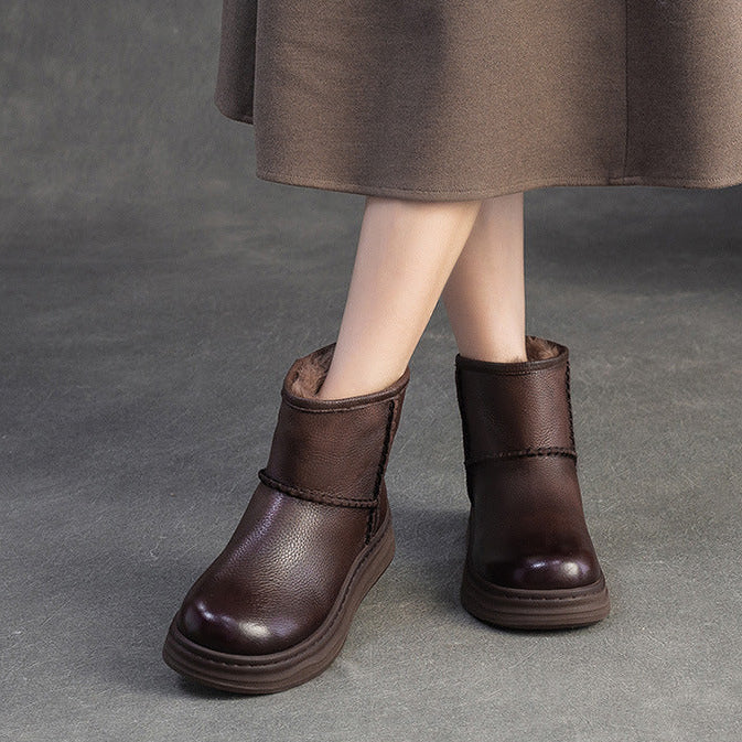 Women's Minimalist Leather Furred Slip-on Snow Boots-RAIIFY