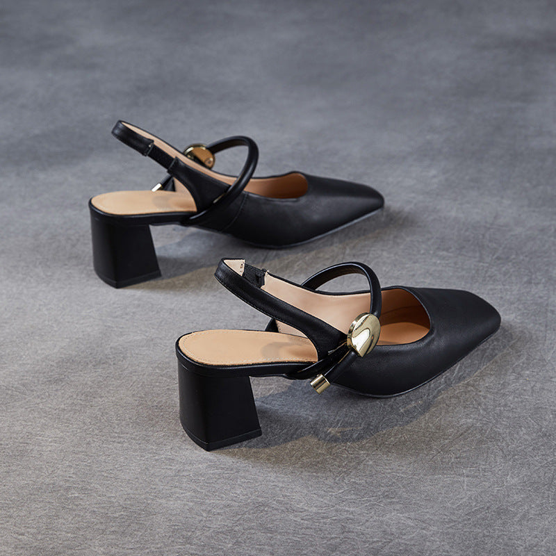 Women Minimalism Plain Leather Round Toe Pump Sandals-RAIIFY