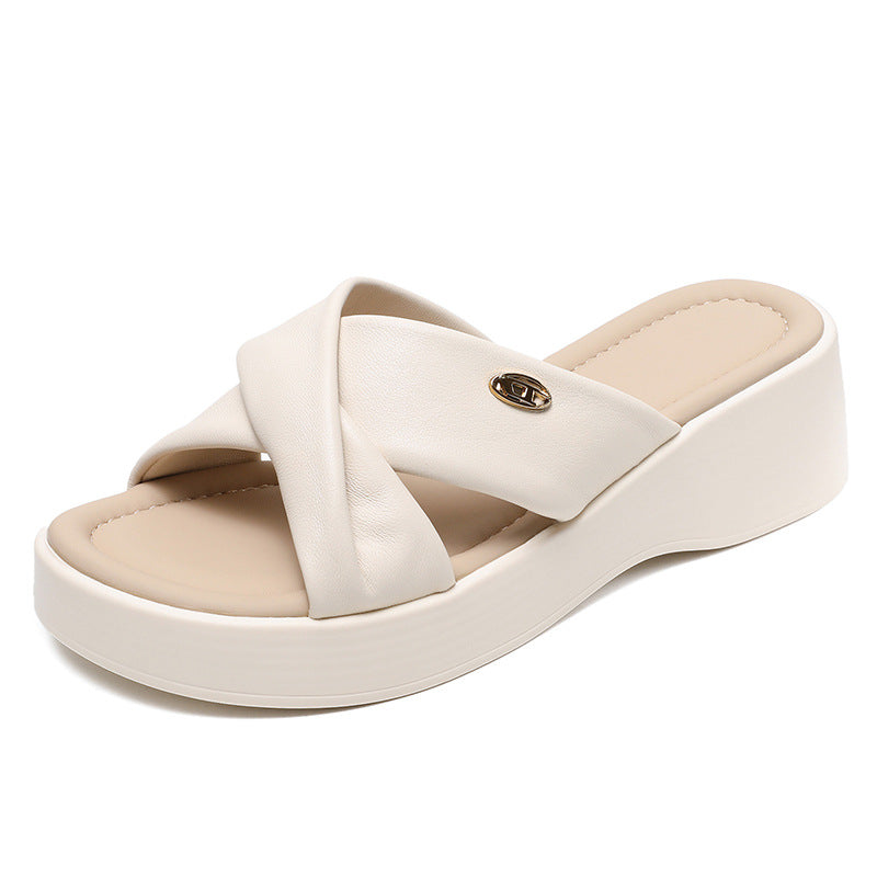 Women Casual Leather Soft Platform Slides Sandals-RAIIFY