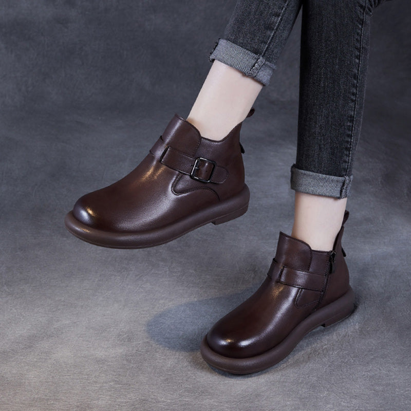 Women Solid Leather Soft Casual Ankle Boots-RAIIFY