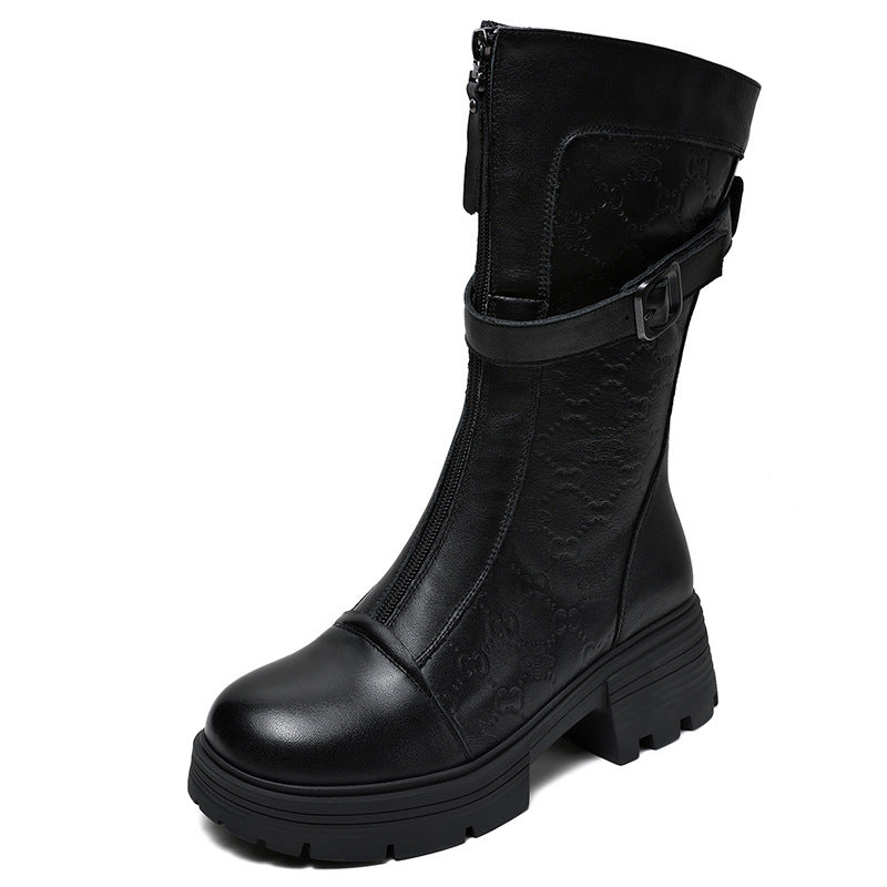 Women Solid Embossed Leather Mid-Calf Riding Boots-RAIIFY