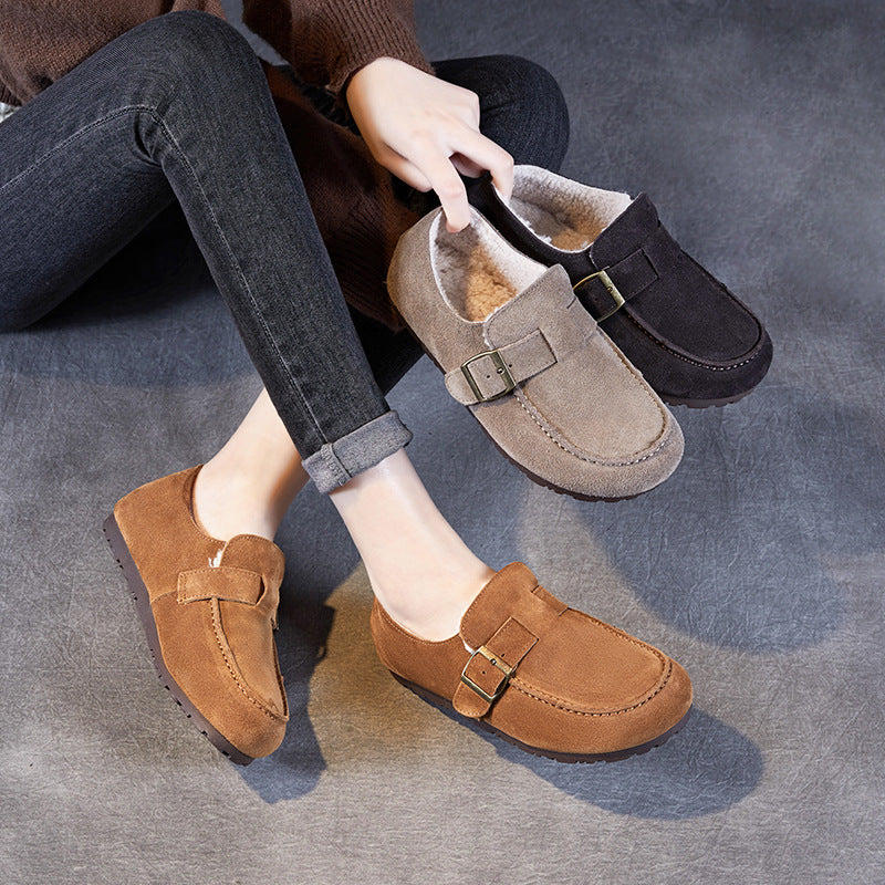 Women Retro Solid Suede Furred Flat Casual Shoes-RAIIFY