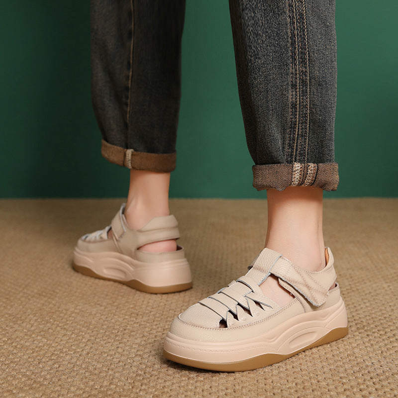 Women's Casual Plaited Leather Round Head Velcro Sandals-RAIIFY