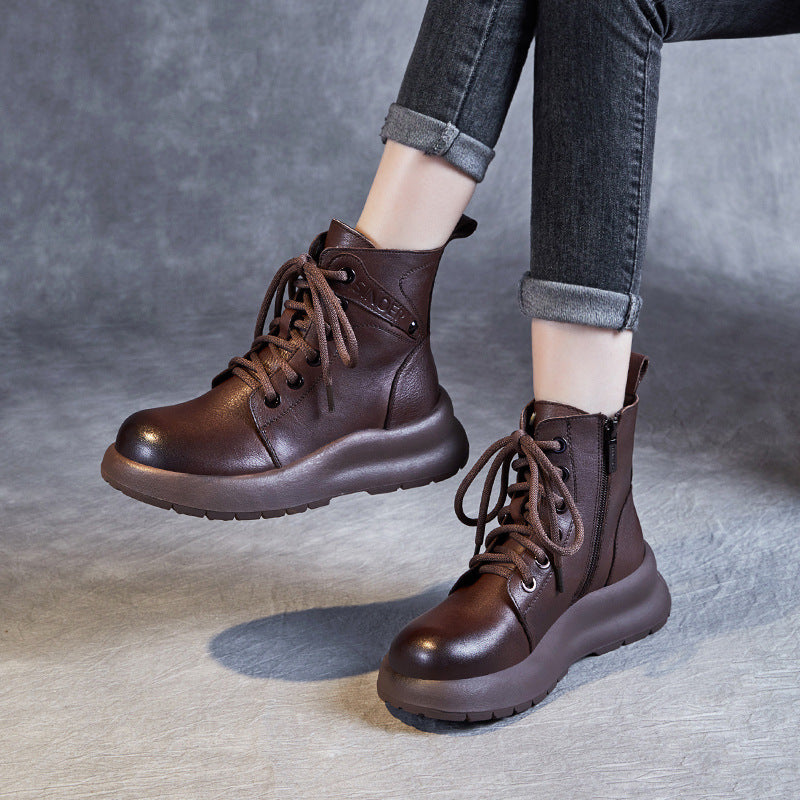 Women Retro Leather Thick Soled Casual Boots-RAIIFY