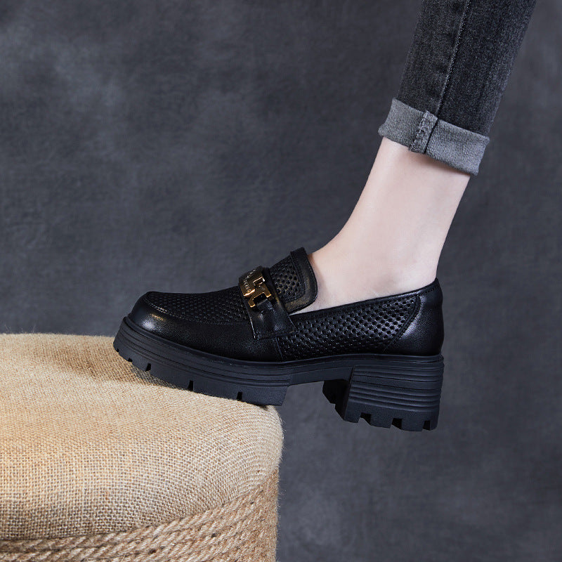 Women Hollow Breathable Leather Casual Platform Loafers-RAIIFY