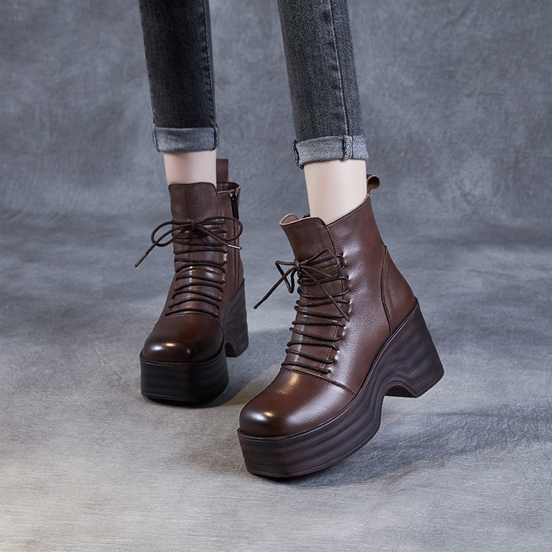 Women Vintage Solid Leather Chunky Platform Boots-RAIIFY