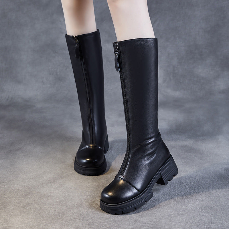 Women's Solid Leather Knee High Riding Boots-RAIIFY