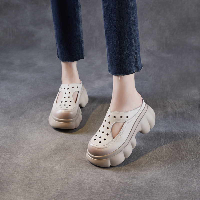Women's Retro Hollow Leather Summer Platform Mules-RAIIFY