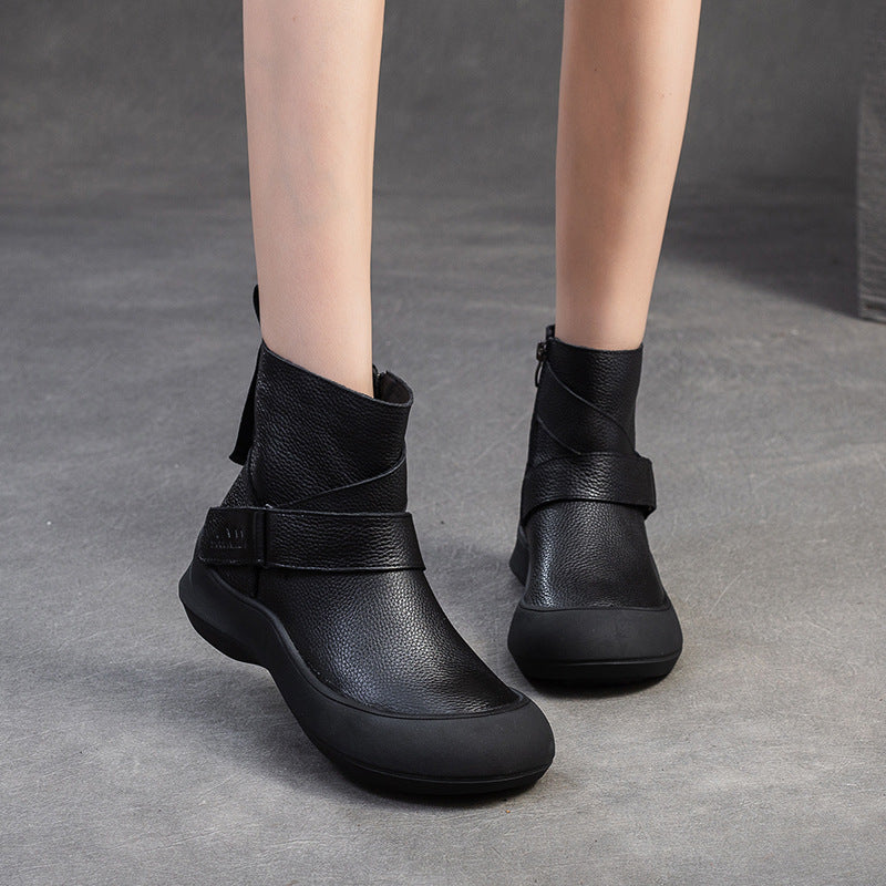 Women Minimalism Solid Leather Furred Ankle Boots-RAIIFY