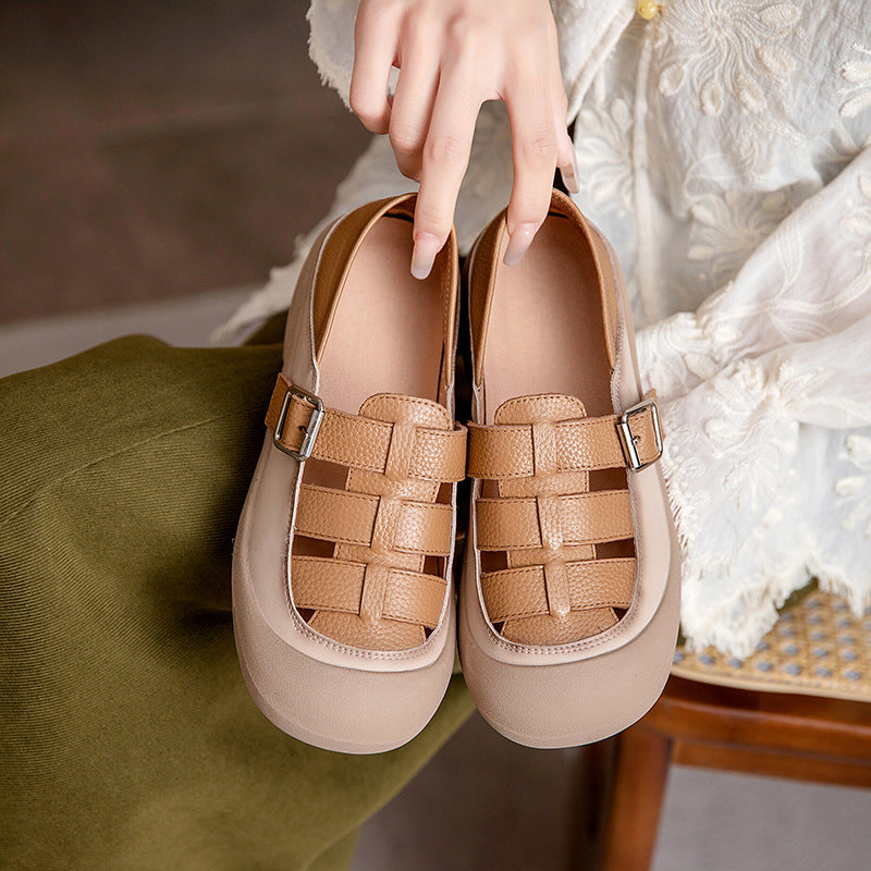 Women Summer Round Head Plaited Leather Casual Sandals-RAIIFY