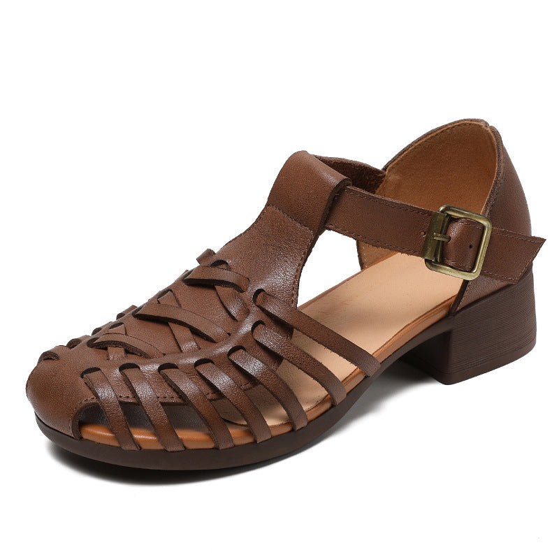 Women Retro Plaited Leather Summer Low Block Sandals-RAIIFY