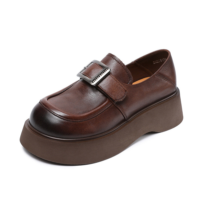 Women Retro Solid Leather Thick Soled Casual Loafers-RAIIFY