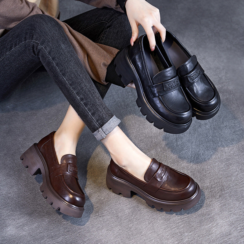 Women Minimalism Solid Leather Chunky Heel Loafers-RAIIFY