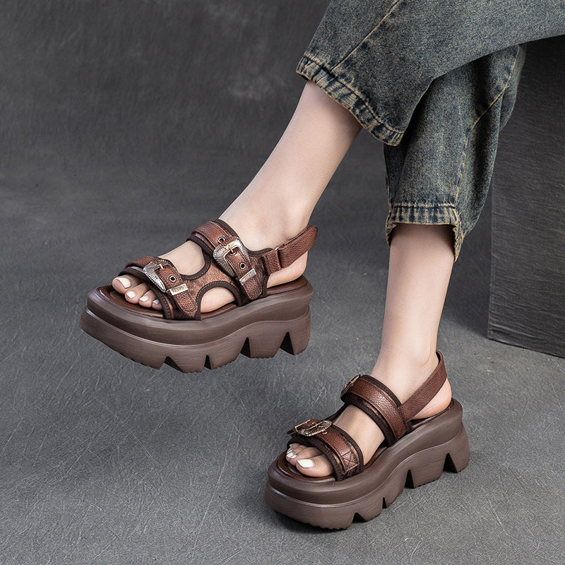 Women Summer Retro Leather Thick Soled Sandals-RAIIFY