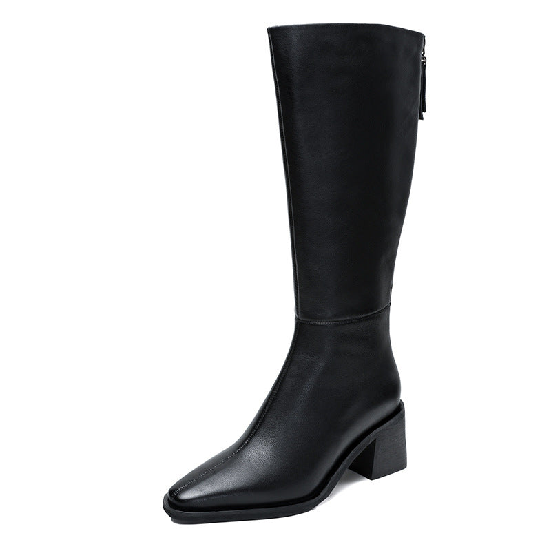 Women Solid Soft Leather Winter High Heel Riding Boots-RAIIFY