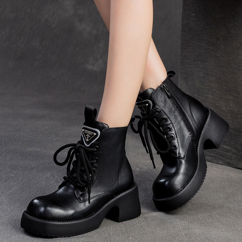 Women Retro Leather Chunky Heel Casual Boots-RAIIFY