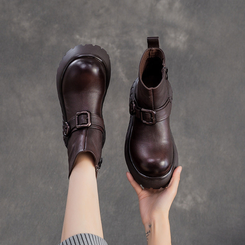 Women's Minimalist Plain Leather Ankle Platform Boots-RAIIFY