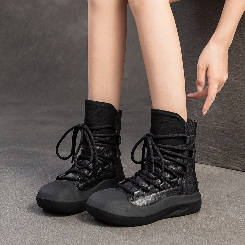 Women Vintage Lacing Back Zipper Leather Boots-RAIIFY