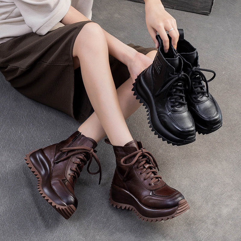 Women Vintage Solid Leather Lug Sole Ankle Boots-RAIIFY