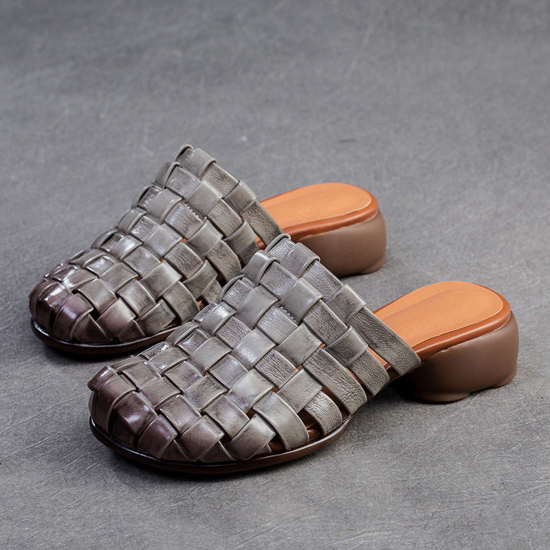Women Handmade Plaited Leather Low Block Slides Sandals-RAIIFY