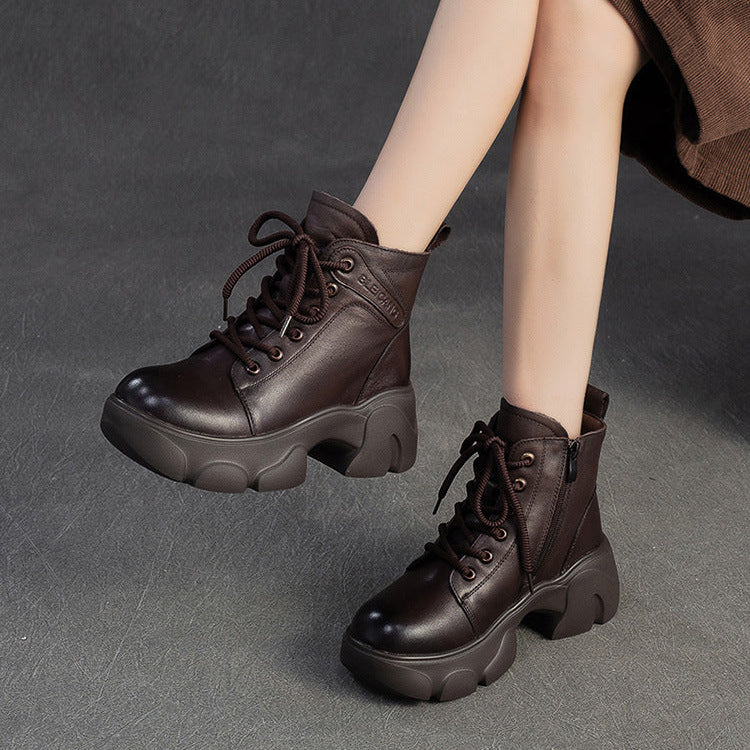 Women's Vintage Leather Wool Platform Boots-RAIIFY