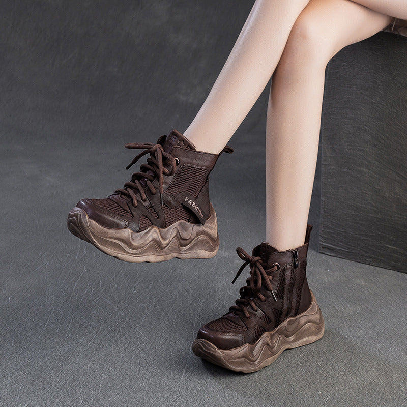 Women Plain Leather Breathable Mesh Chunky Platform Boots-RAIIFY