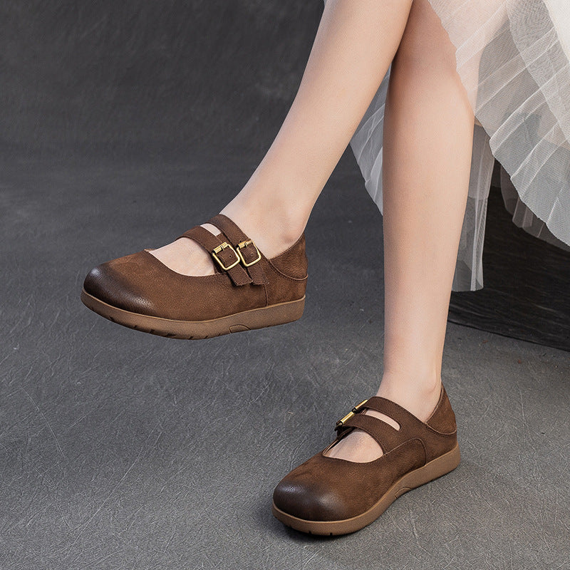 Women Vintage Solid Leather Flat Soft Casual Shoes-RAIIFY