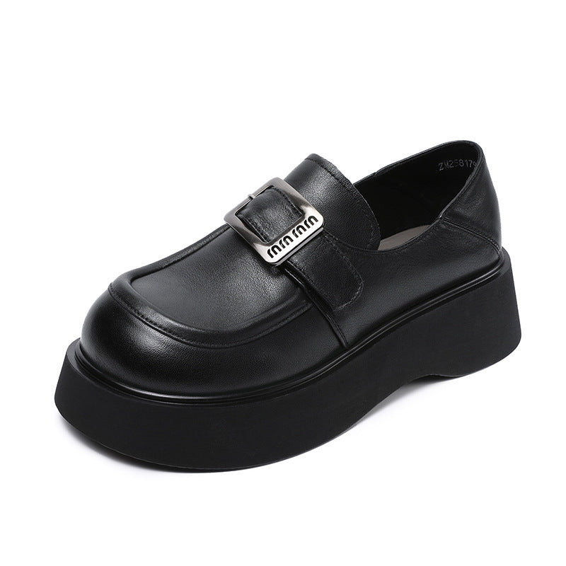 Women Retro Solid Leather Thick Soled Casual Loafers-RAIIFY