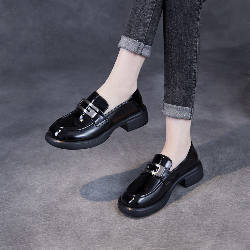 Women Solid Glossy Leather Low Block Loafers-RAIIFY