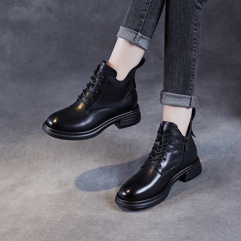 Women Retro Solid Leather Low Block Ankle Boots-RAIIFY