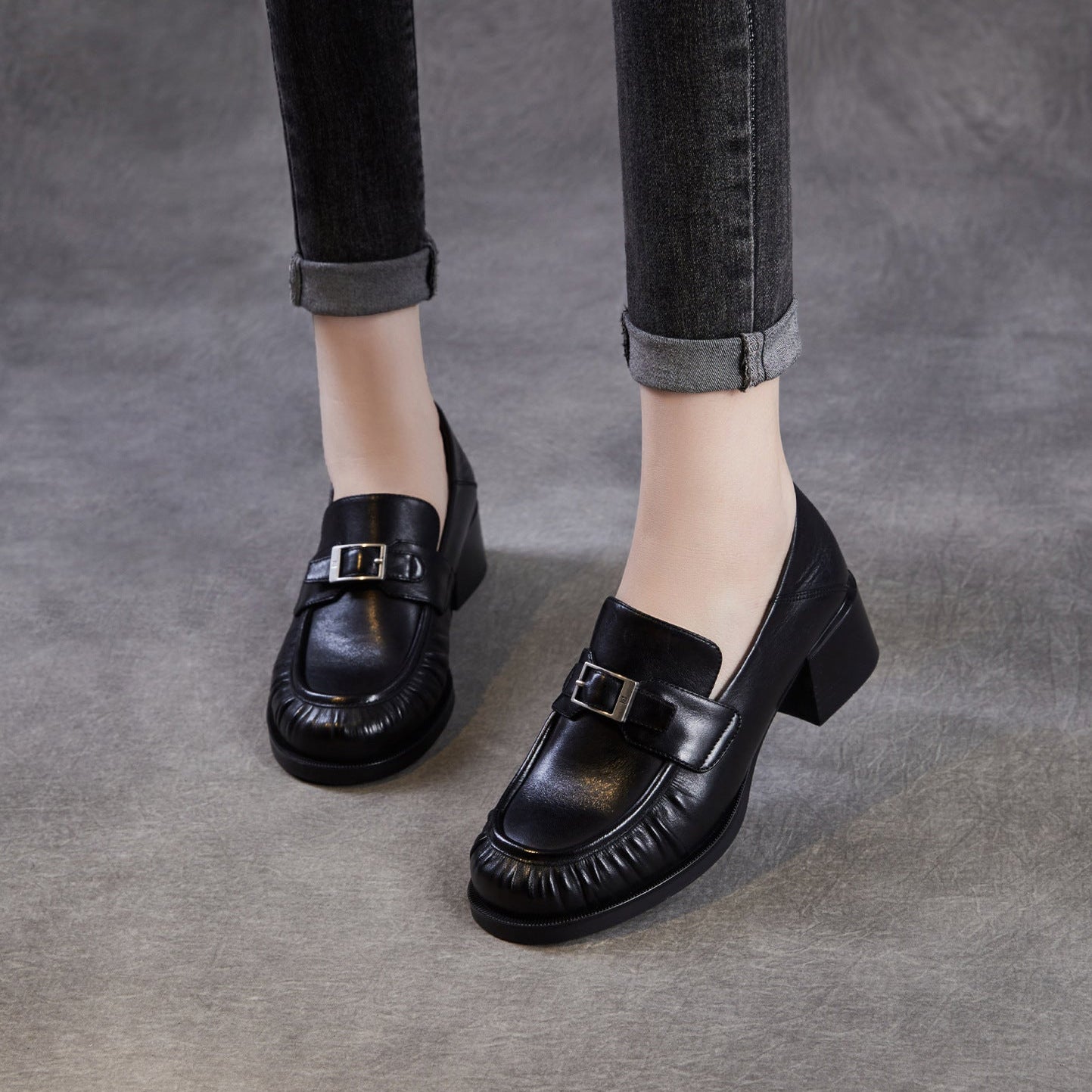 Women's Vintage Pleated Leather Chunky Heel Loafers-RAIIFY