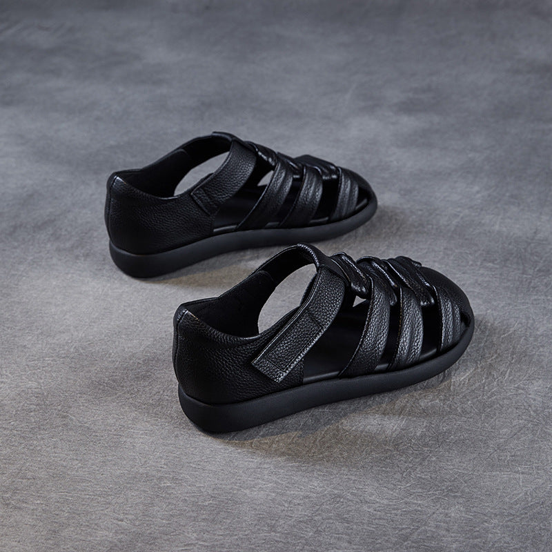 Women's Retro Plain Leather Round Head Velcro Sandals-RAIIFY
