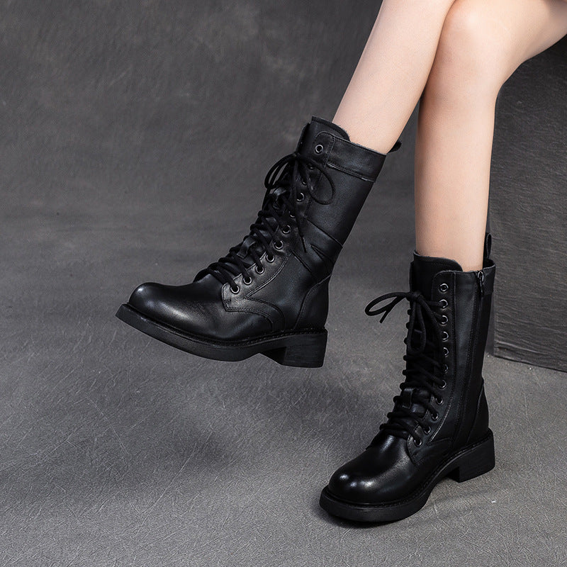 Women Minimalism Leather Mid-Calf Riding Combat Boots-RAIIFY