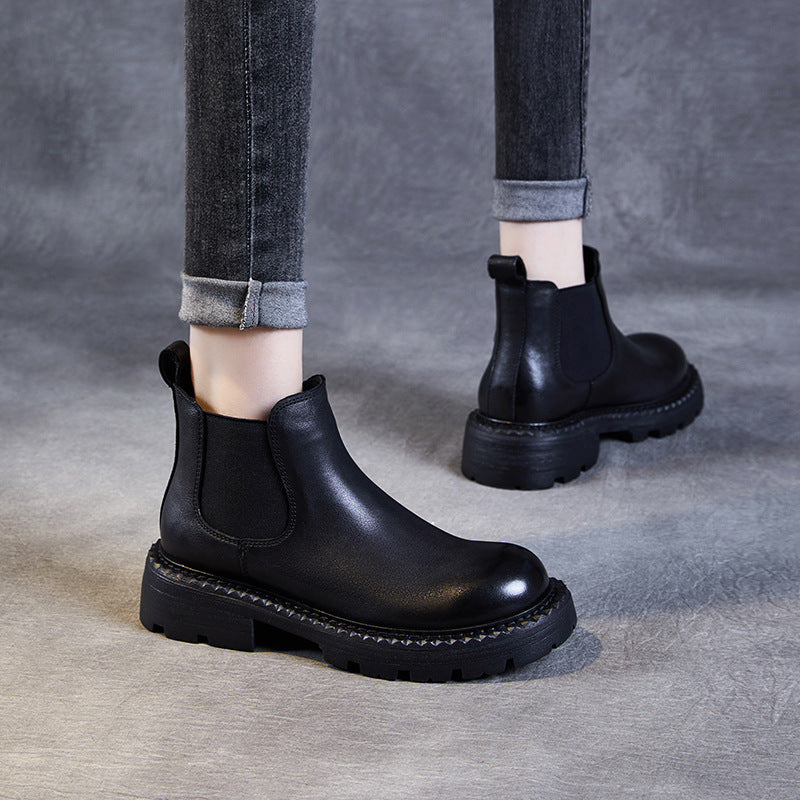 Women Minimalism Solid Leather Casual Ankle Boots-RAIIFY