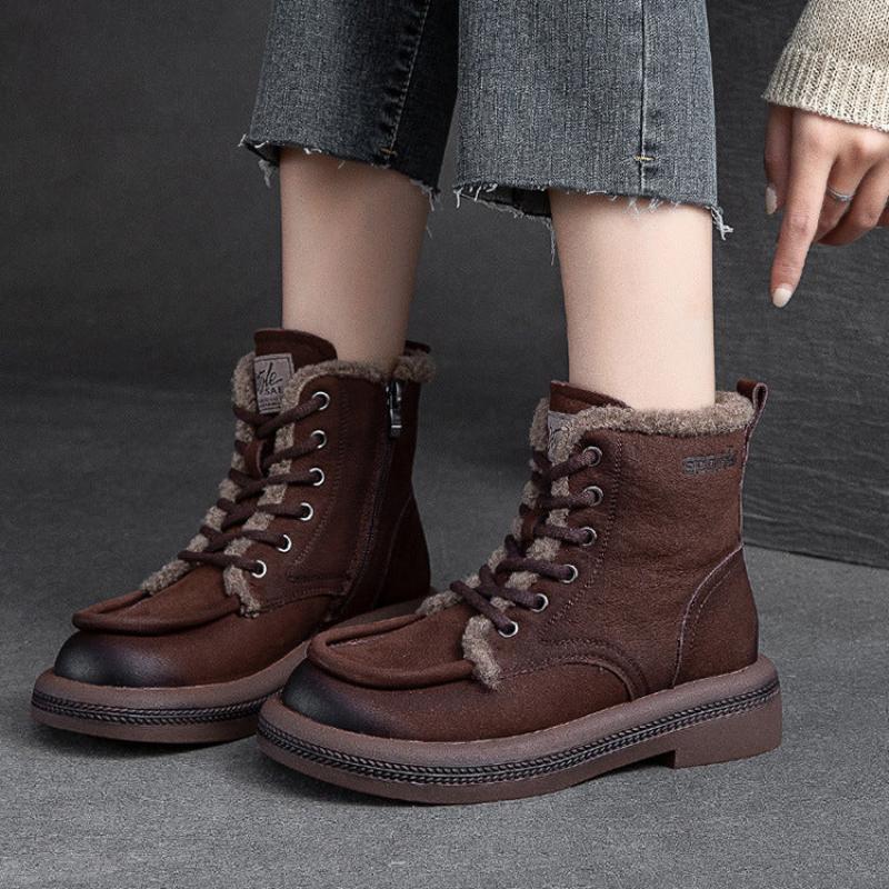 Women Vintage Solid Leather Furred Ankle Snow Boots-RAIIFY