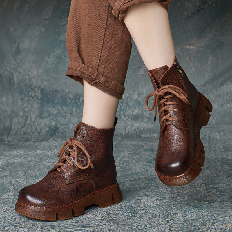 Women Vintage Leather Thick Soled Work Boots-RAIIFY