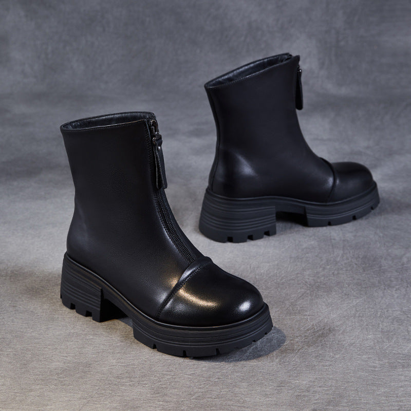 Women Minimalism Leather Front Zipper Casual Boots-RAIIFY