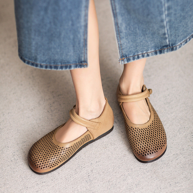 Women Summer Hollow Leather Flat Casual Sandals-RAIIFY