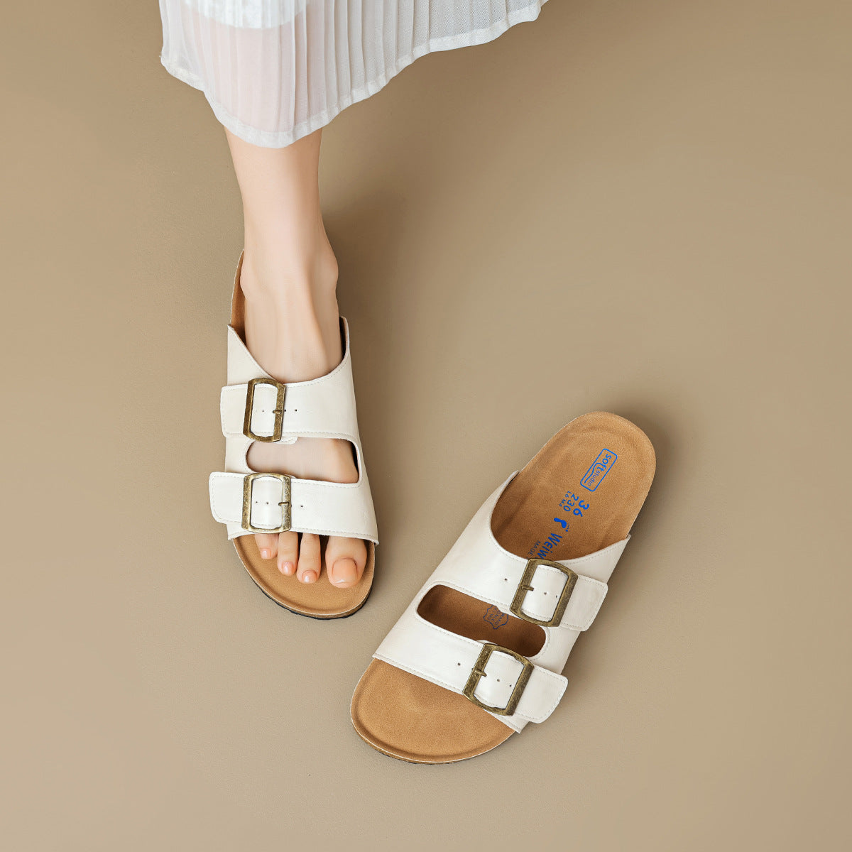 Women Soft Leather Summer Buckle Slides Sandals-RAIIFY