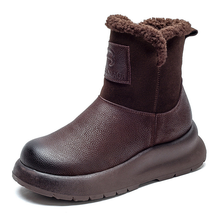 Women Simple Solid Leather Winter Furred Snow Boots-RAIIFY